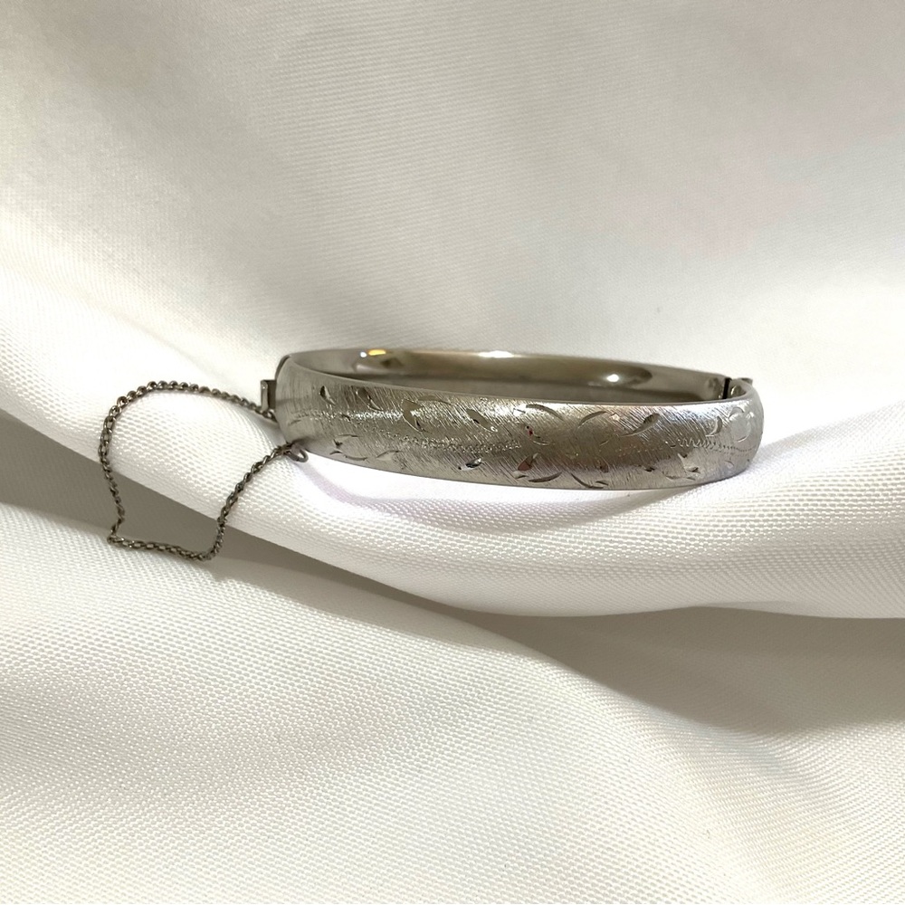 Vintage Silver Tone Full Cuff Bracelet with Safety Chain